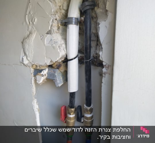 צינורות מים עם ברזים בקיר פתוח